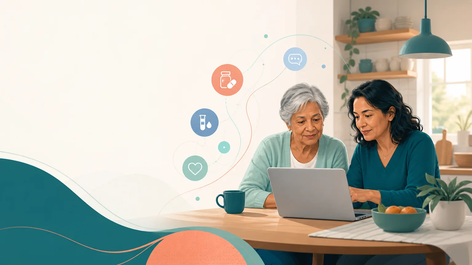 A family caregiver and an older adult reading a health record together at a laptop